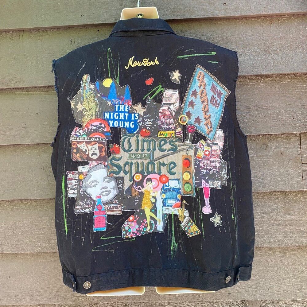 Jane Elissa unique cut off sleeves Patch vest black denim jacket size xl